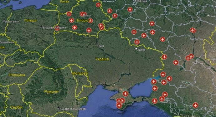 Карта аэродромов, используемых для бомбардировки Украины